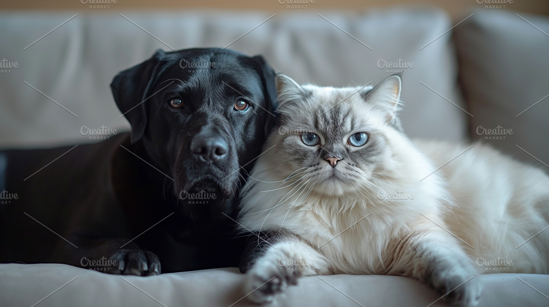 A black Labrador Retriever and a fluffy Himalayan cat share a cozy moment on a, an Animal Photo by ImageMir