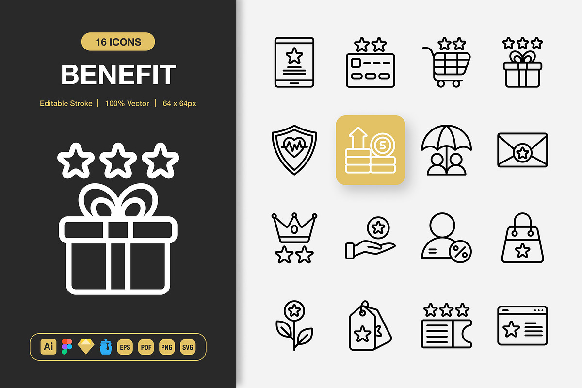 Benefit Icons, an Outline Icon by Spacepixel Creative