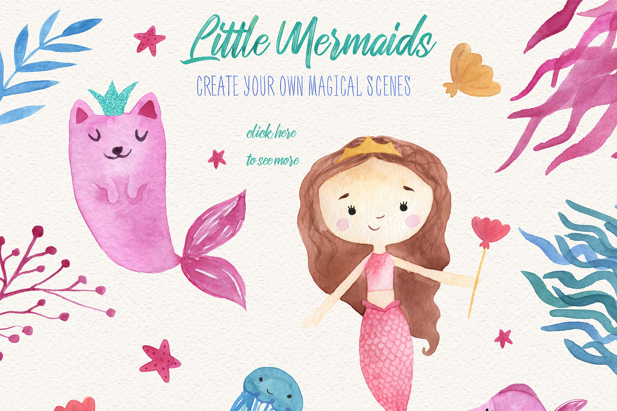 Watercolor Mermaids Clipart, an Animal Illustration by LeMagiqueBoutique (Photo 4 of 6)