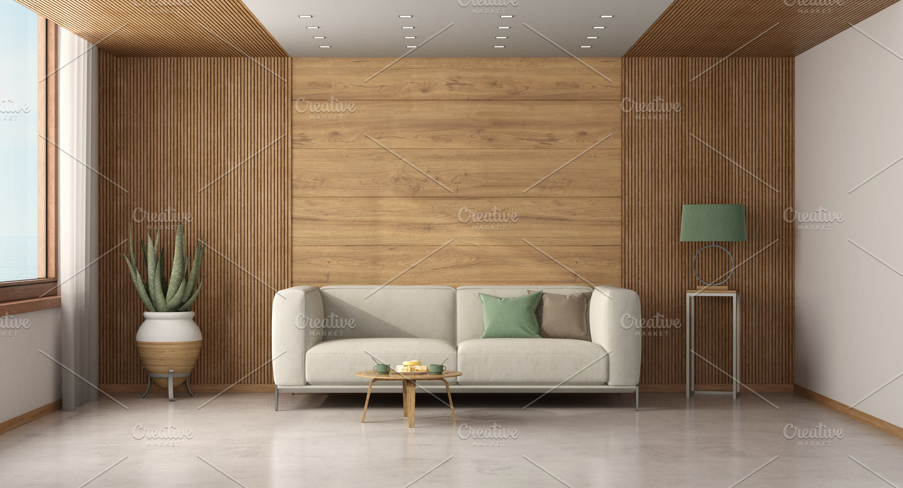 Modern living room with white sofa and wood paneling, an Architecture ...