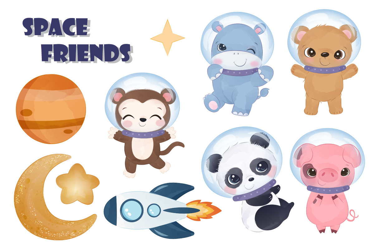 Cute Space Friends Clipart Set | Creative Market