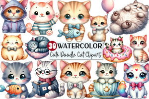 Watercolor Cute Doodle Cat Clipart, an Animal Illustration by Rose Art