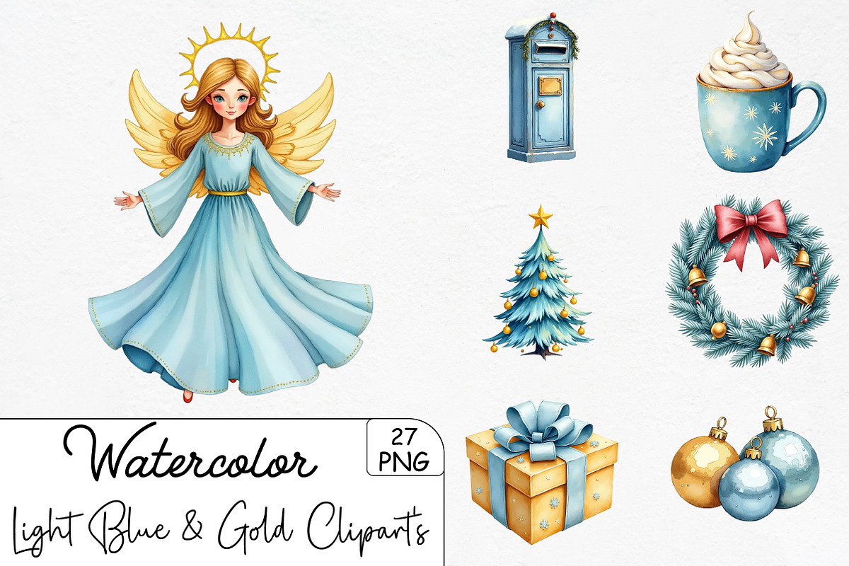 Light Blue & Gold Christmas Clipart', an Illustration by CrexoraLab (Photo 1 of 5)