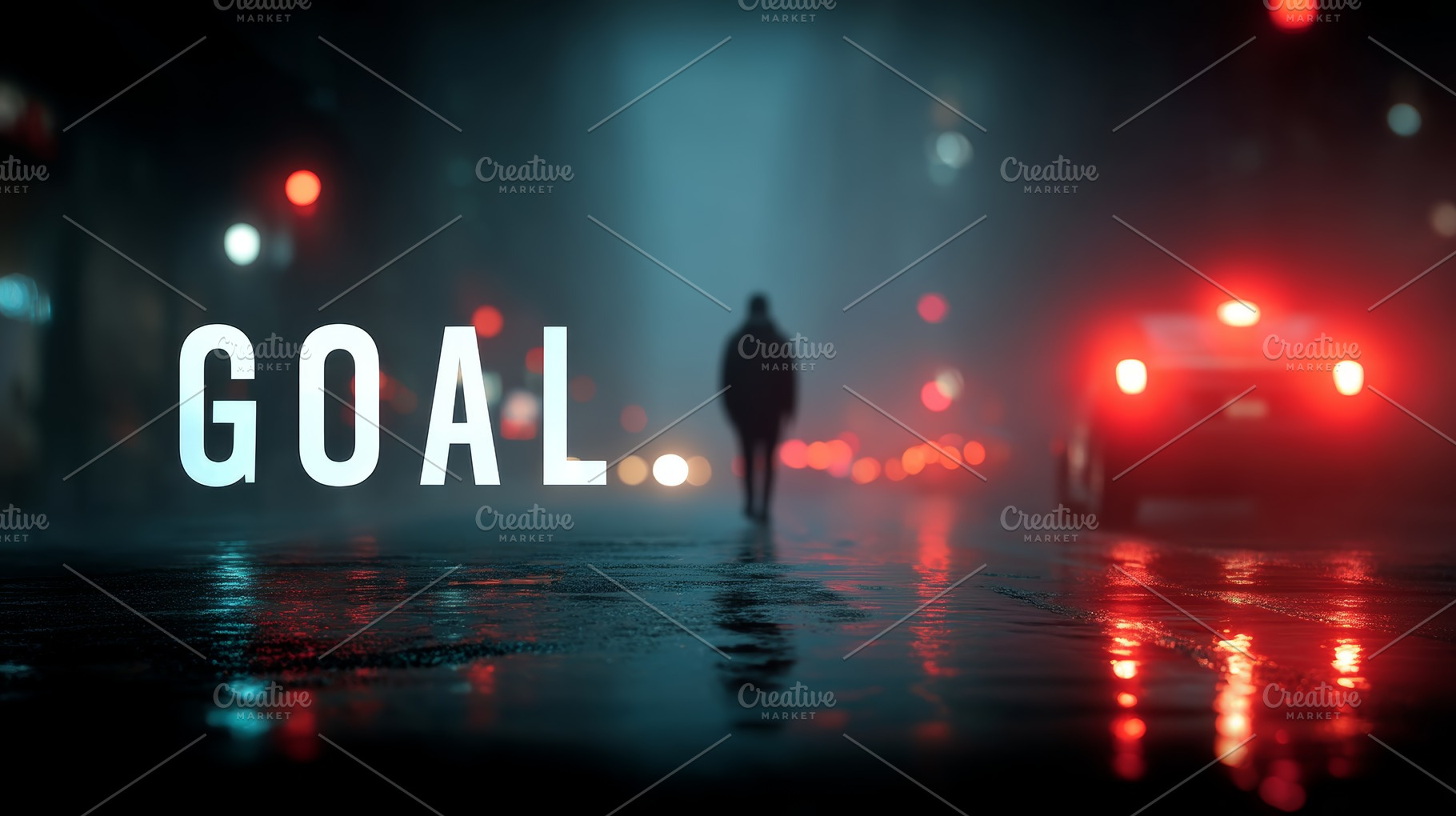 Silhouette walking towards goal on foggy city street with car brake lights, a Photo by AS photostudio