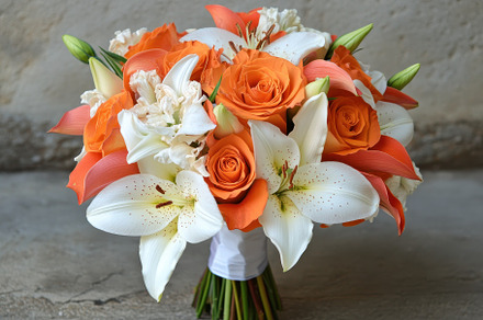 A vibrant bouquet showcases orange r, a Photo by Tanuart