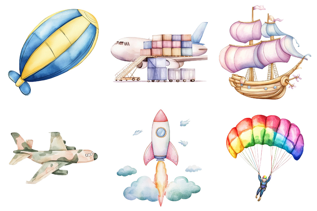 Air Transport Watercolor Clipart, an Illustration by Watercolor design (Photo 3 of 10)