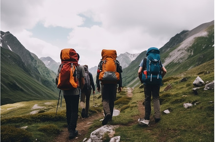 Back view hikers mountains. Generate, a Person Photo by Ylivdesign