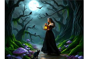 Fantasy Forest Women with a Lantern, a Person Illustration by Sharon Schwalbe
