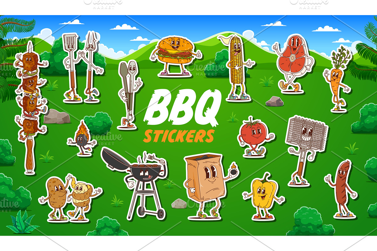Stickers, groovy BBQ or barbeque, a Food Illustration by Vector Tradition