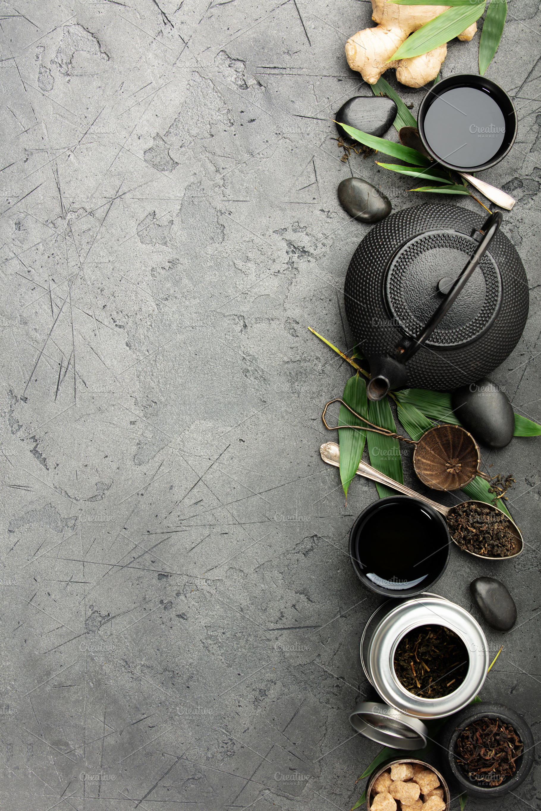 Asian Tea Ceremony Elements with Copy Space on Dark Stone, a Food & Drink Photo by Natalia Klenova's Shop