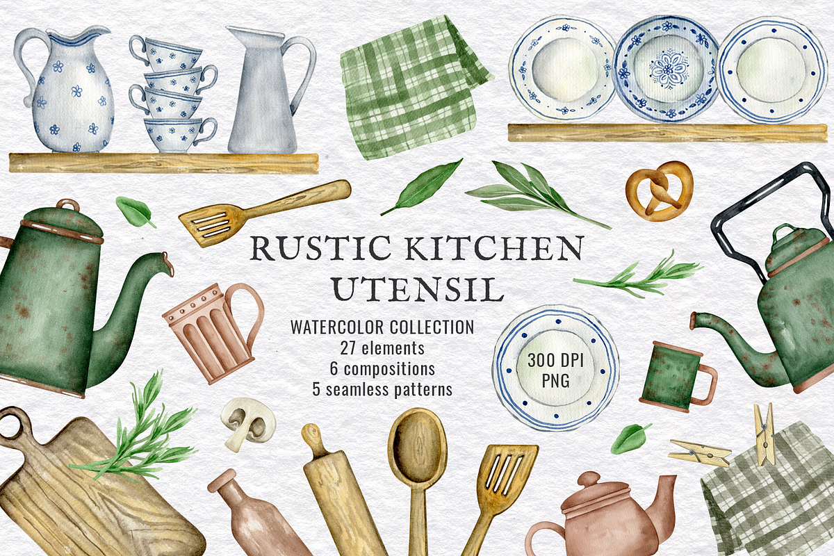 Rustic kitchen utensil Clipart, a Food Illustration by KathrineWatercolor (Photo 1 of 6)