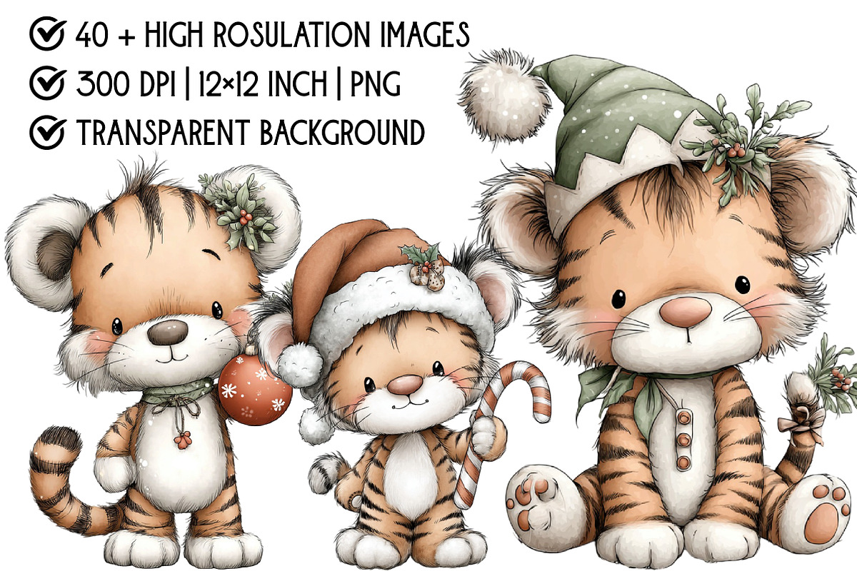 Whimsical Christmas Tiger Clipart, an Illustration by Pixels.Craft (Photo 4 of 6)
