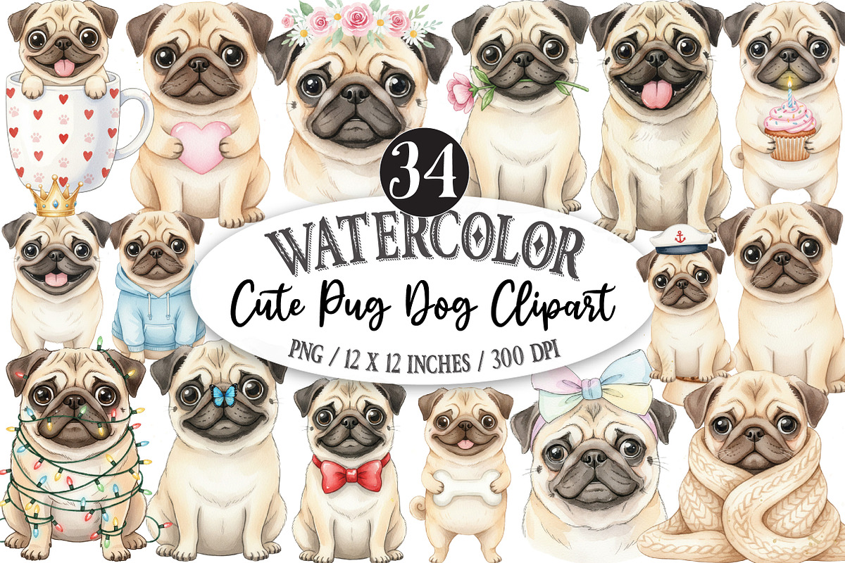 Cute Watercolor Pug Dog, an Illustration by Designking (Photo 1 of 5)