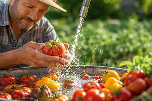 Gardener washing tomatoes, a Photo by Beautiful things