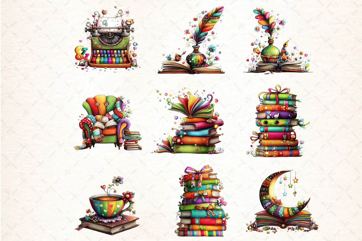 Whimsical Book Lovers Clipart, an Illustration by DreamCafeArt (Photo 4 of 4)