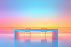 Minimalist table and chairs at sunset over water, a Business Photo by AlyaAnd