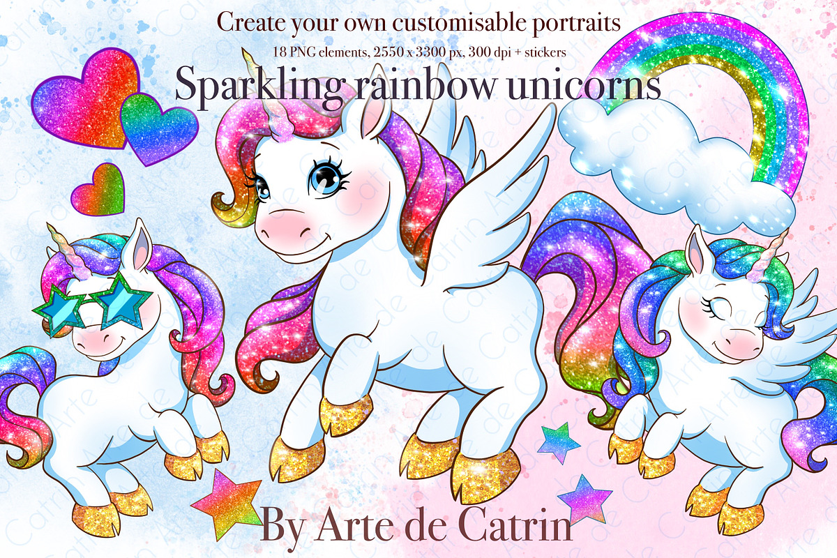 Sparkling Rainbow Unicorns Clipart, an Animal Illustration by ArtedeCatrin (Photo 1 of 6)