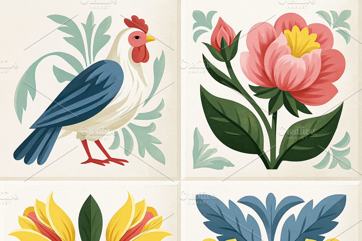 Rooster and colorful floral patterns adorning ceramic tiles, fol, a Decorative Illustration by Studio ANNA
