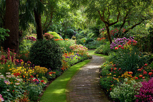 Colorful flowers line a winding path, a Photo by Pavel_design