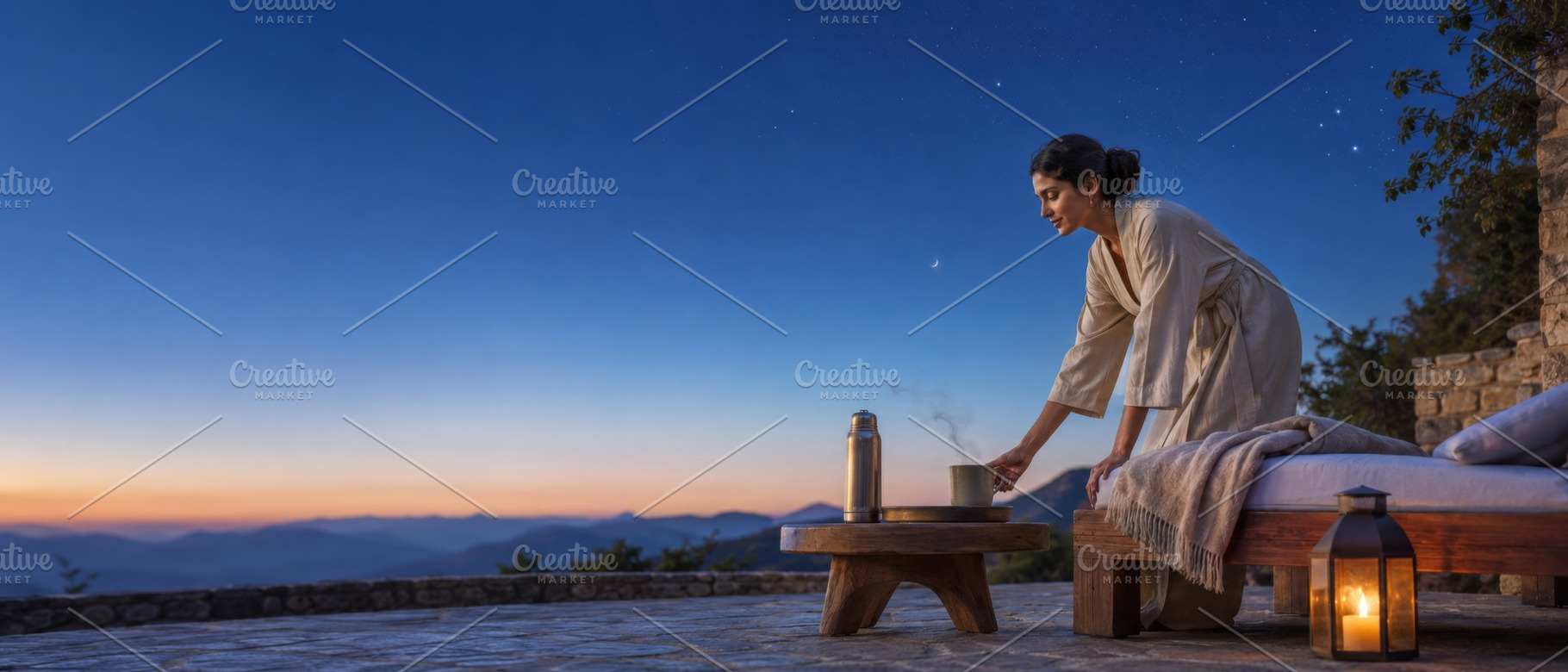 Woman stargazing on terrace at night, a Photo by Dvoevnore photos