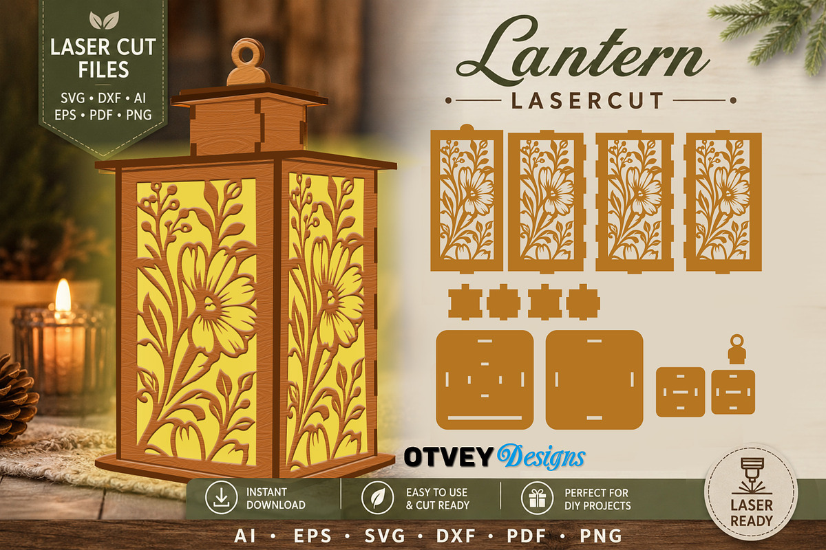 Floral Lantern SVG Bundle Laser Cut, a Decorative Illustration by OTVEY DESIGN (Photo 8 of 14)