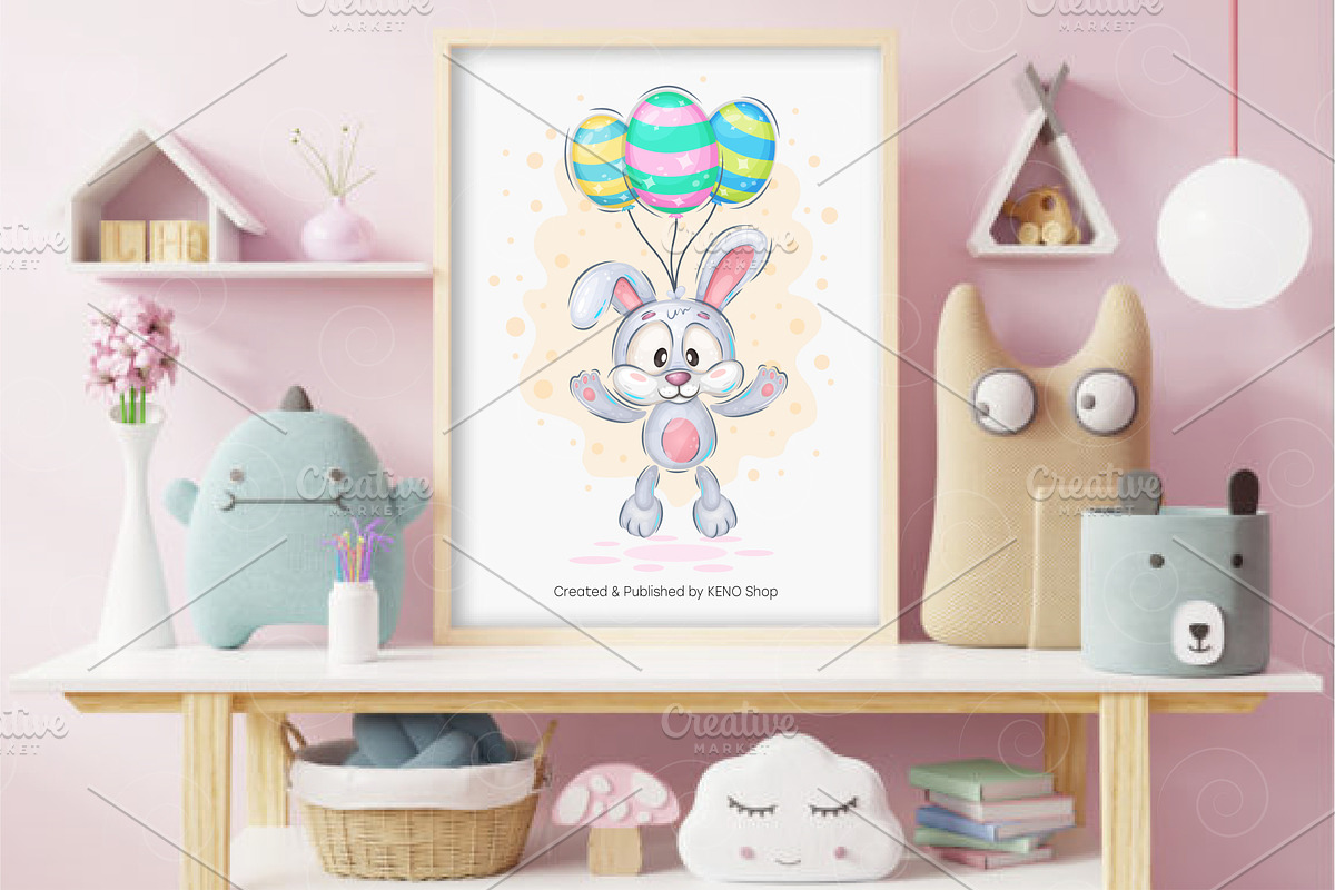 Easter bunny with balloons. Tshirt., an Animal Illustration by KENO Mascots (Photo 4 of 5)