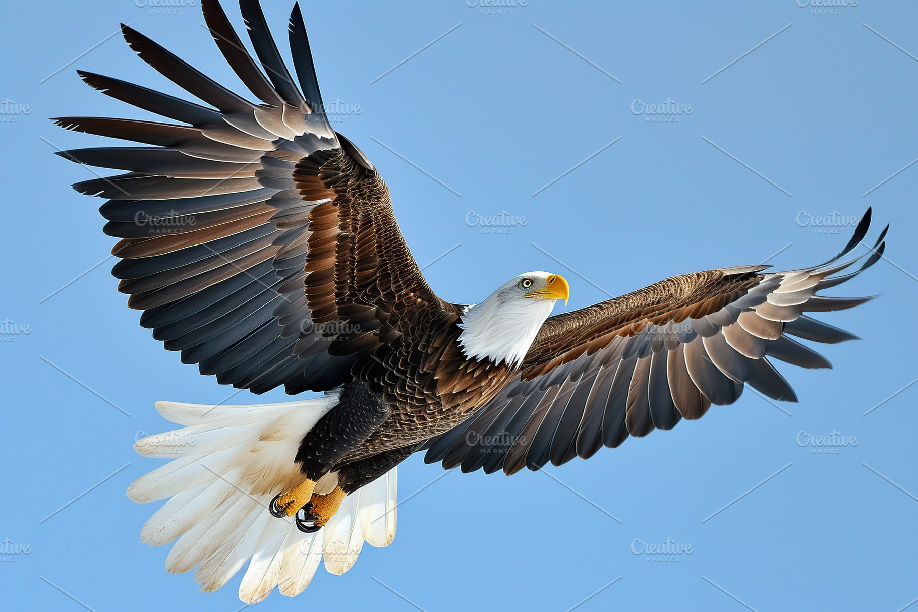 A bald eagle soars with spread wings flying in the sky, an Animal Photo by AlyaAnd