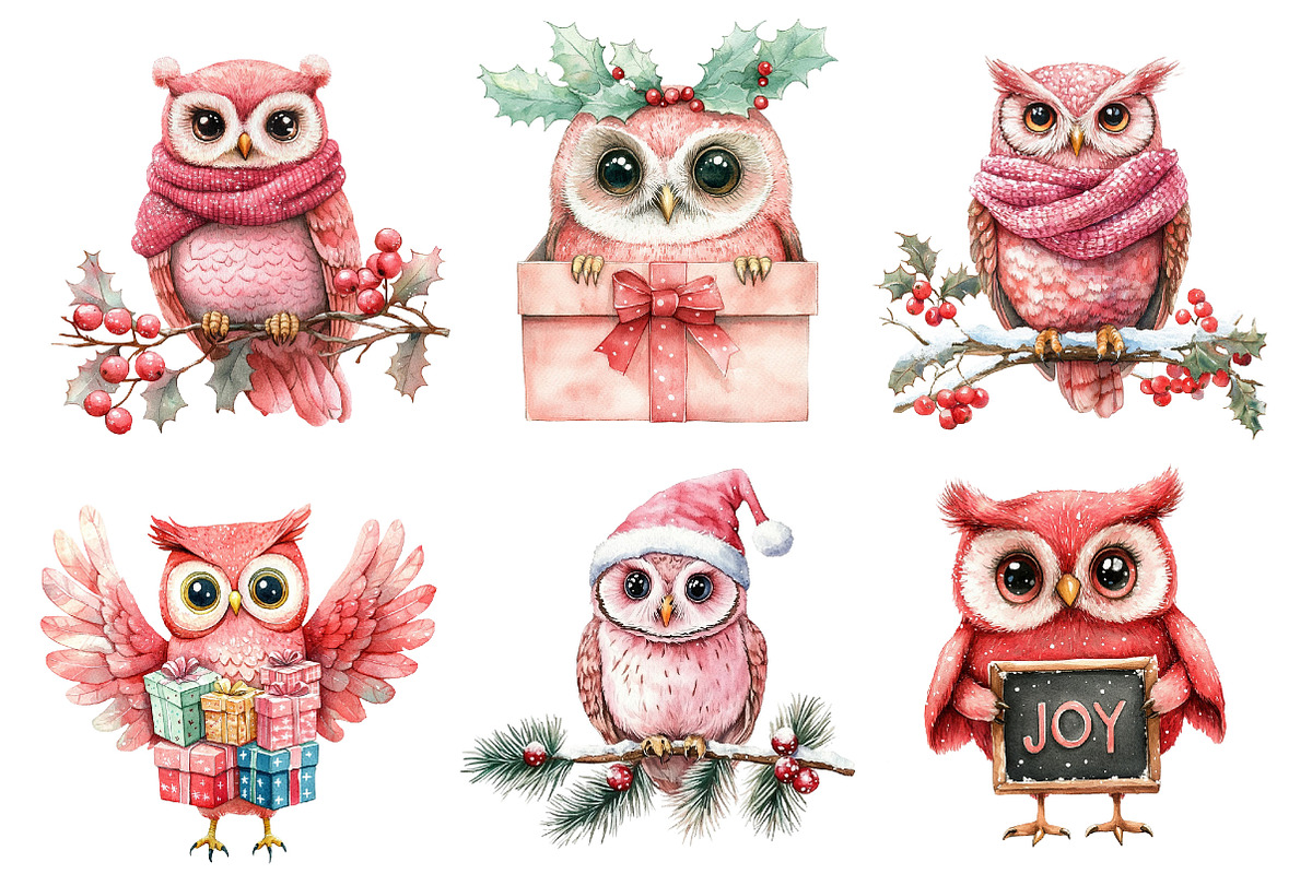 Christmas Owl Watercolor Clipart, an Illustration by Dream Creation (Photo 2 of 8)