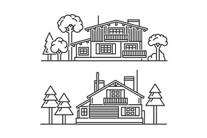 Chalet With Trees Icons Set On White