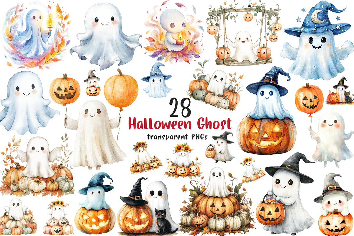 Watercolor Halloween Ghost Clipart, a Transportation Illustration by SinaCreation (Photo 1 of 9)
