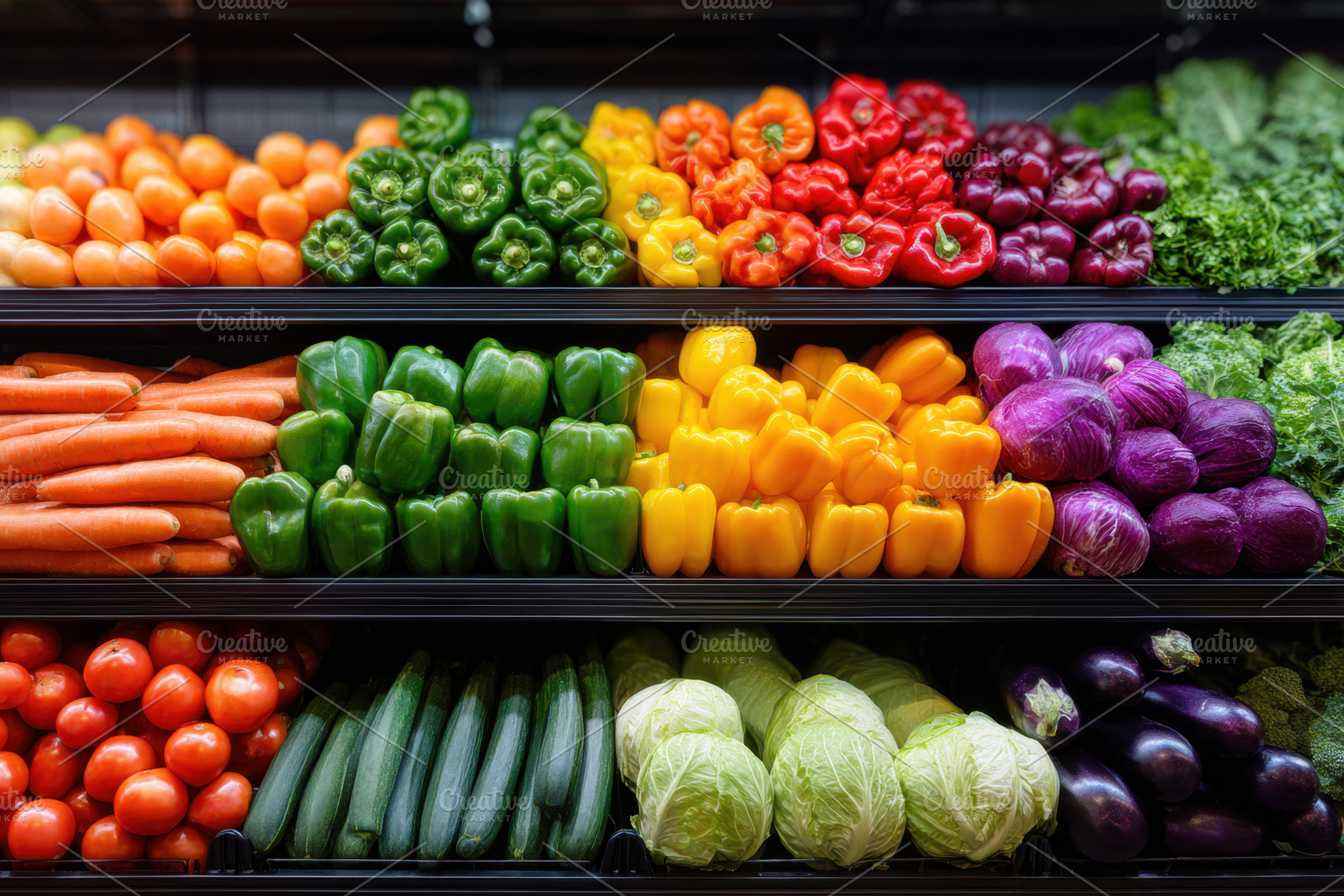 Colorful fresh vegetables display in supermarket, a Food & Drink Photo by AlyaAnd