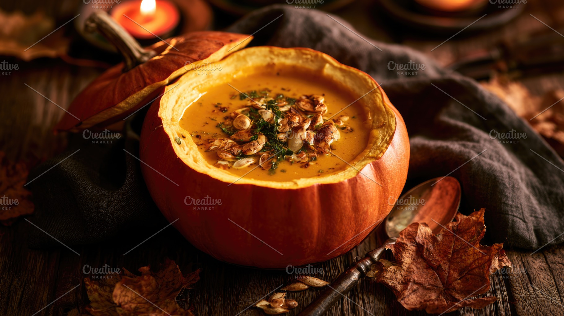 Creamy pumpkin soup served in pumpkins for Halloween dinner, a Food & Drink Photo by José Manuel Gelpi