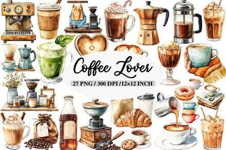 Watercolor Coffee Lover Clipart, an Illustration by Daily.Designs