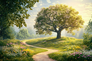 Sunlit meadow featuring a large tree, a Photo by Pavel_design