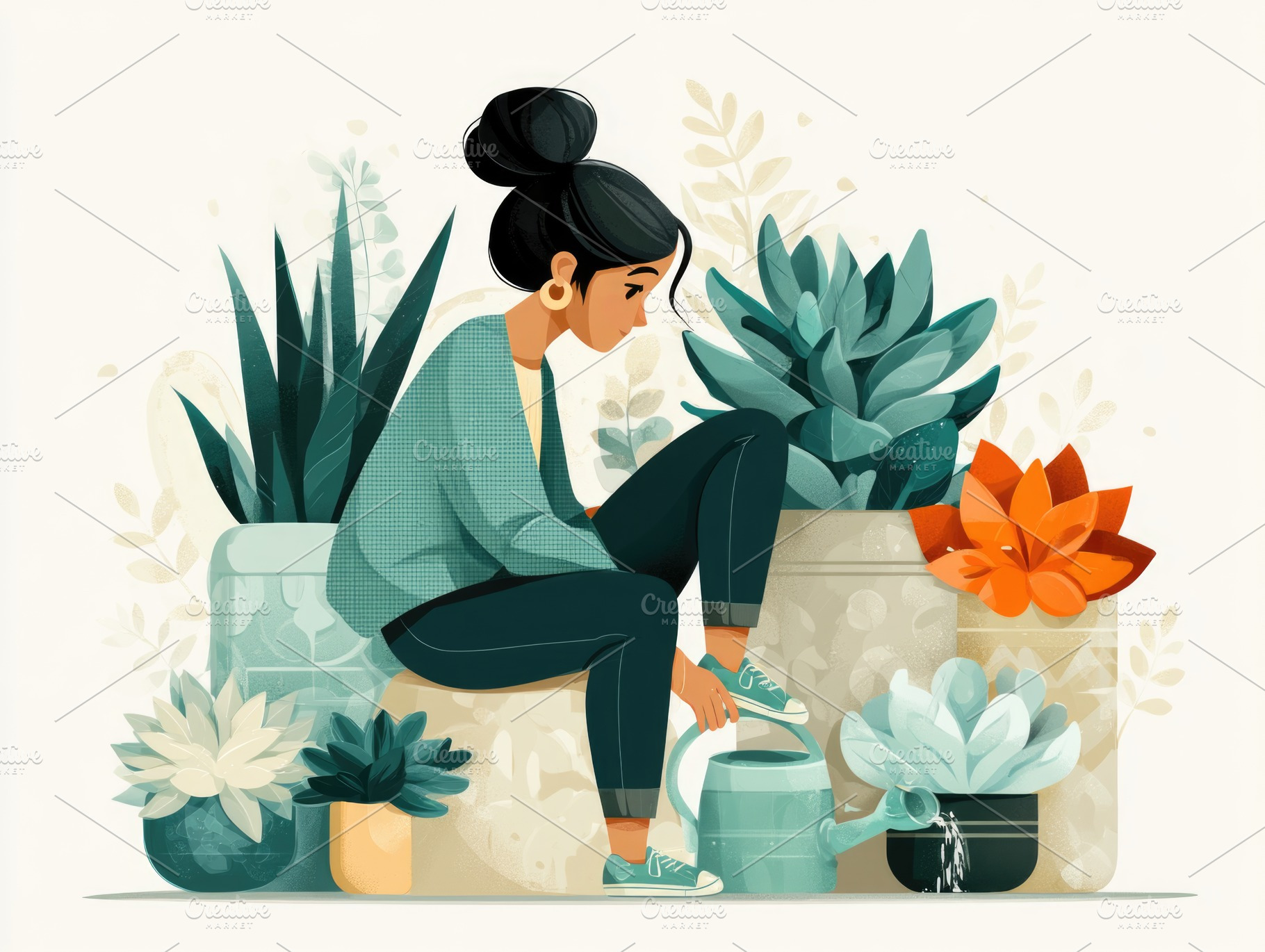 Woman caring for houseplants in peaceful indoor garden illustrat, a Business Photo by José Manuel Gelpi