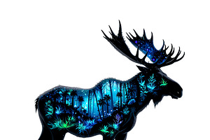 Moose with a starry night forest, an Animal Illustration by yod67