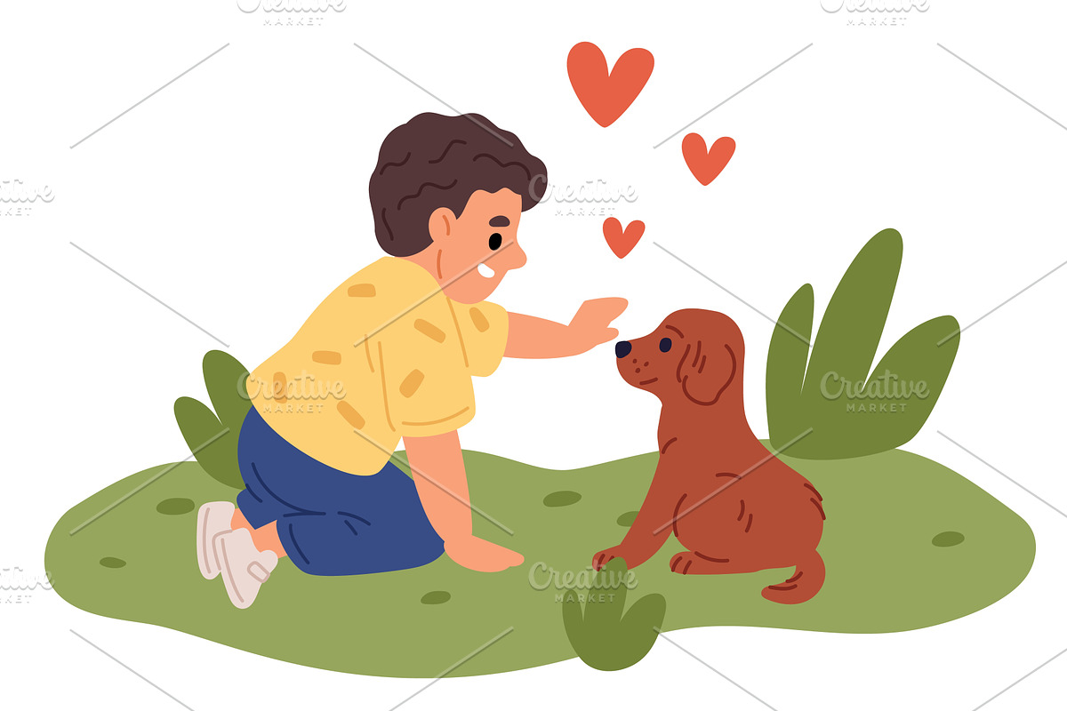 Smiling boy playing in nature with, an Animal Illustration by Vectorbuum