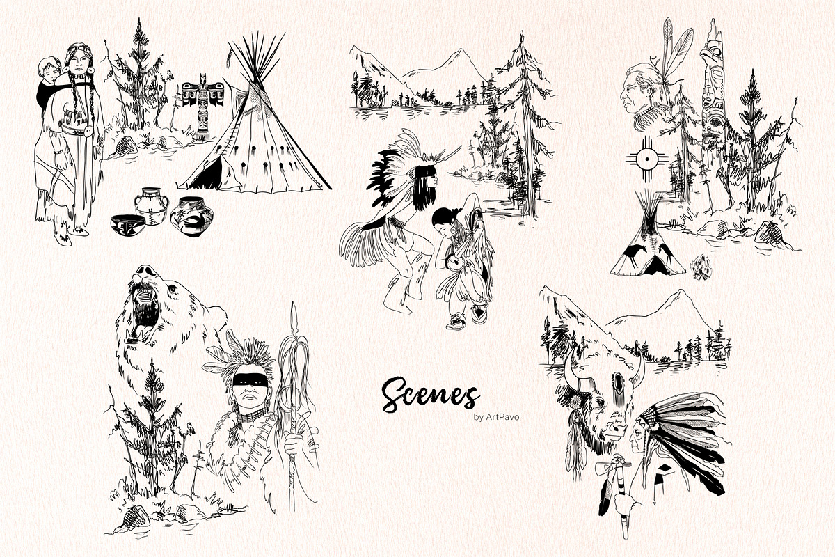 Tribal Sketche Pack, Native American, a Person Illustration by ArtPavo (Photo 8 of 13)