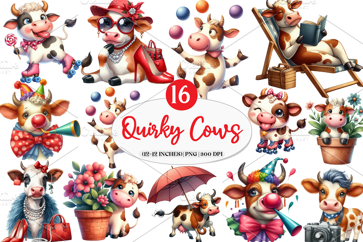 Funny Sketch Quirky Cows Clipart, an Illustration by Watercolor design (Photo 1 of 4)