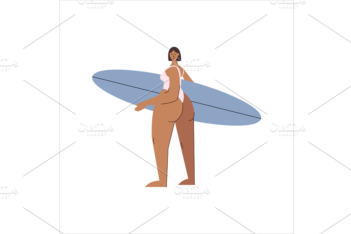 Girl with surfboard, female surfer, an Object Illustration by Mila Di Art