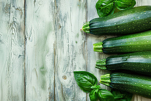 Green zucchini on wooden table, a Food & Drink Photo by AlyaAnd