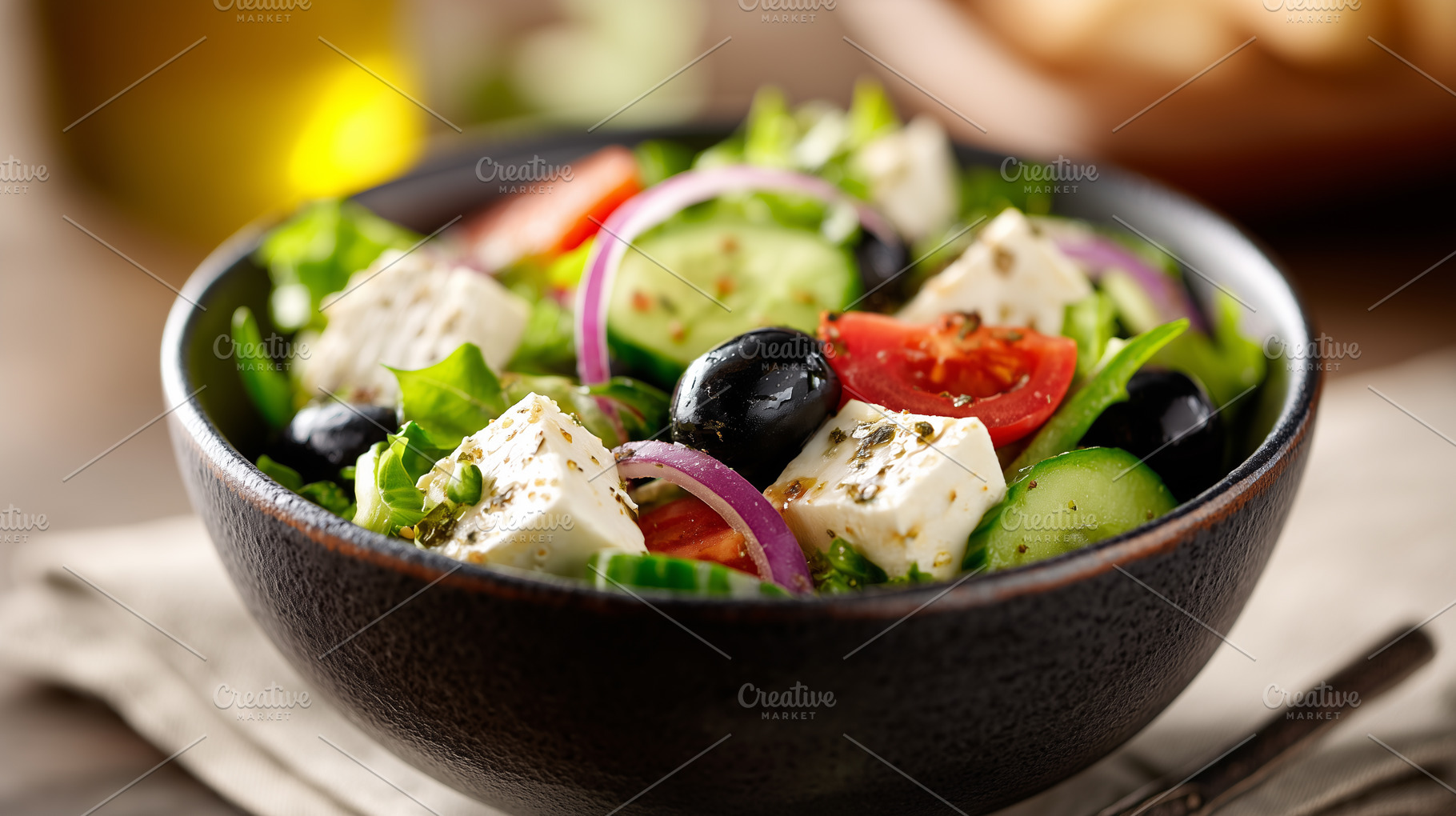 Fresh Greek salad in rustic bowl, a Food & Drink Photo by MistyDay