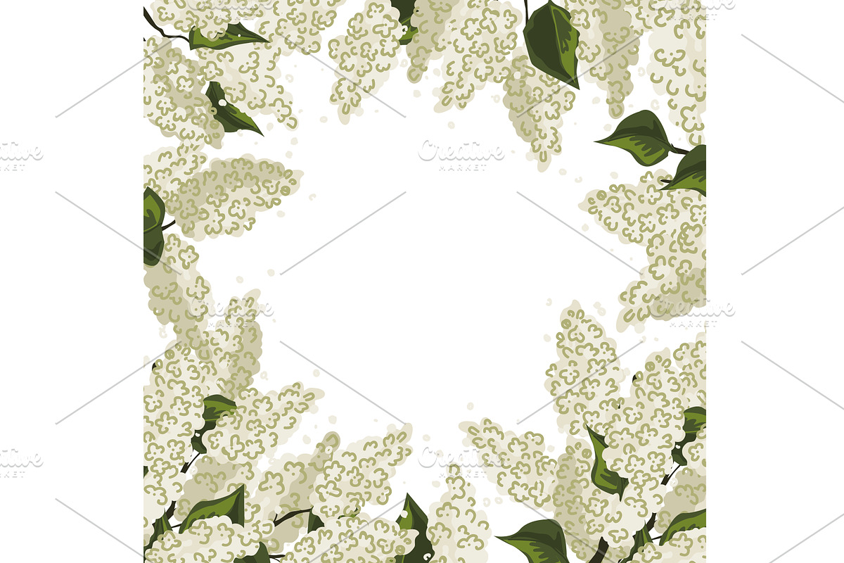 Fresh white lilac flowers frame, an Object Illustration by Toltemara