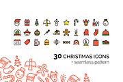 30 Сhristmas Icons + Pattern, an Outline Icon by chewkotski (Thumbnail 1 of 5)