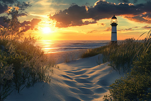 Lighthouse Sunset Beach Coastal Scen, a Photo by Pixeness Studio