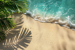 Tropical Beach Scene with Palm Tree Leaf Shadow and Gentle Waves - A Serene Sum, a Photo by AS photostudio
