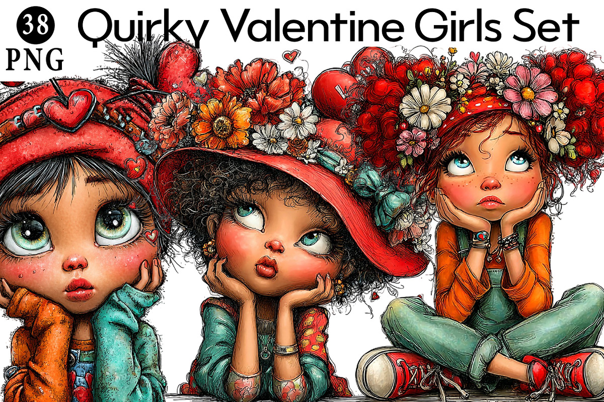 Quirky Valentine Girls Set, an Illustration by Daily.Designs (Photo 1 of 5)