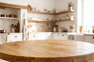 Empty round wooden oak table top, a Food & Drink Photo by Volff
