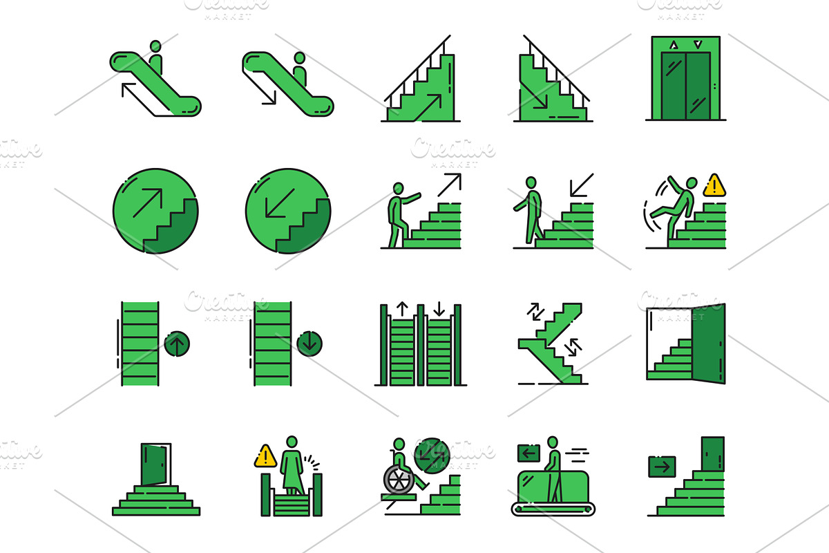 Stairs elevator emergency exit icons, an Object Illustration by Vector Tradition