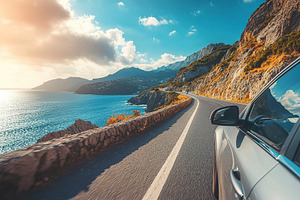 Scenic drive along a coastal road with stunning ocean views and mountains in th, a Transportation Photo by AlyaAnd